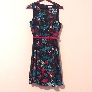 Elle Pleat Neck, Fit & Flare Aquagarden Floral Dress Women's XS.